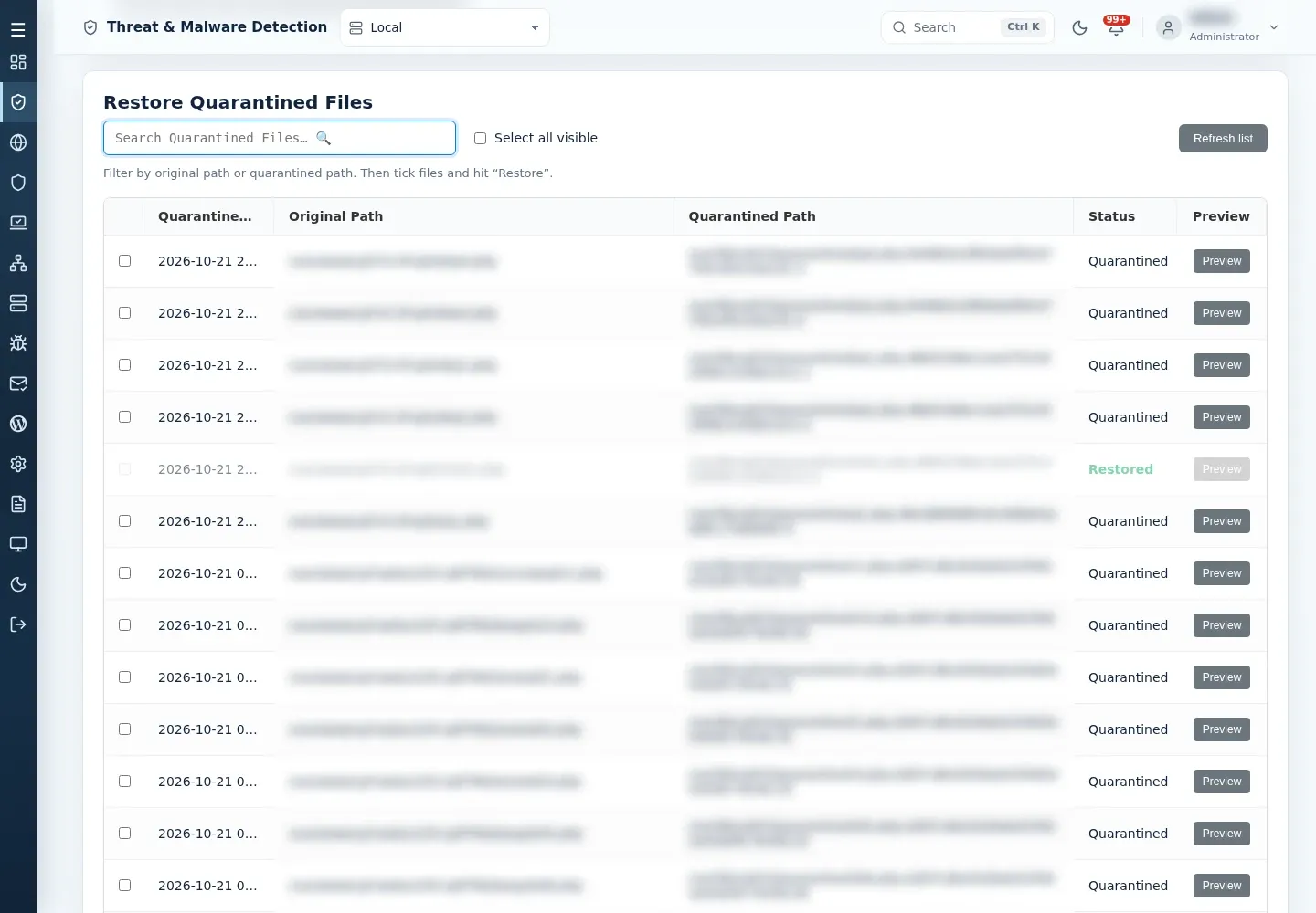 Restore Quarantined Files list with search, Select all visible, Refresh list, Quarantined On, Original Path, Quarantined Path, Status and Preview columns.
