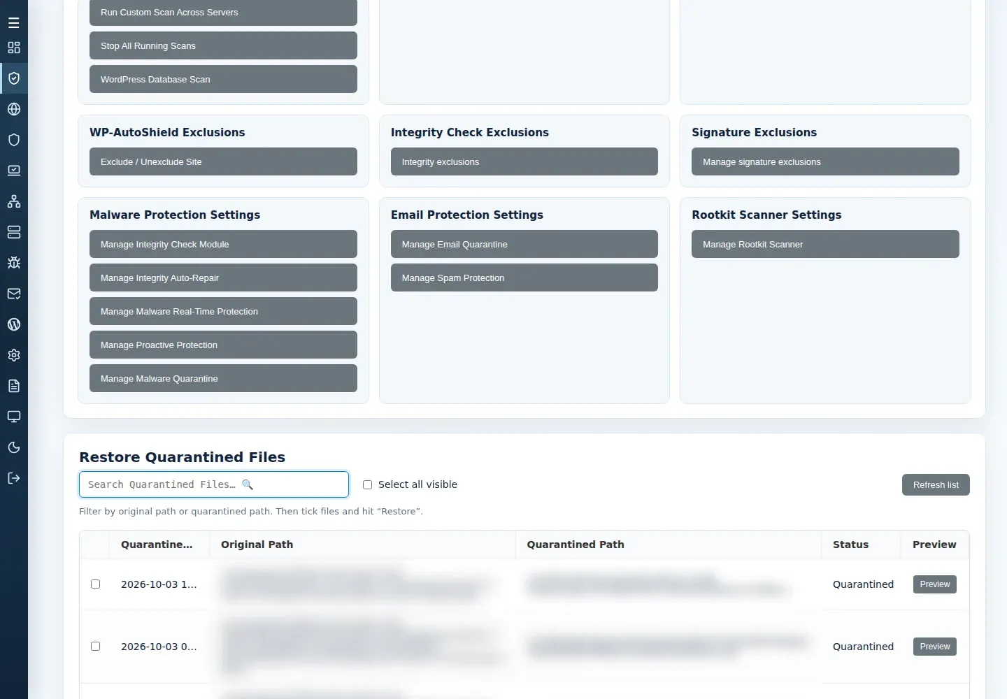 Quarantine list showing search, original-path and status columns and Preview controls for stored files.