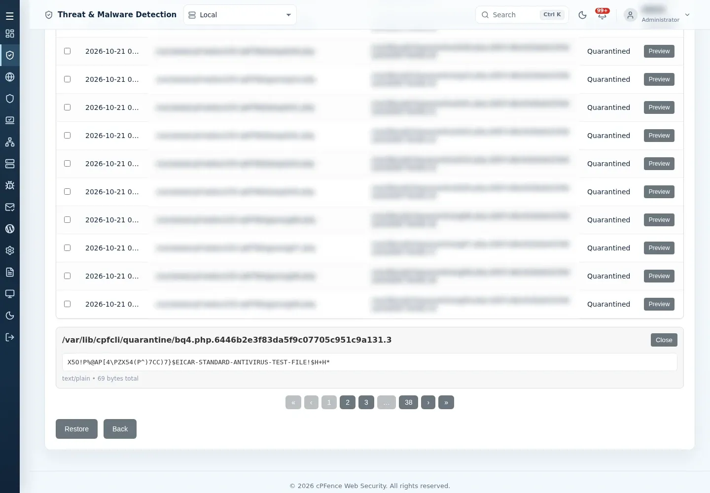 File preview below the quarantine list showing the stored file name, its content, type and size, with page buttons, Restore and Back.