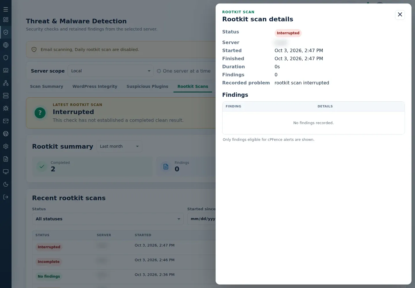 Rootkit scan details showing Interrupted status, zero findings and a recorded interruption problem.