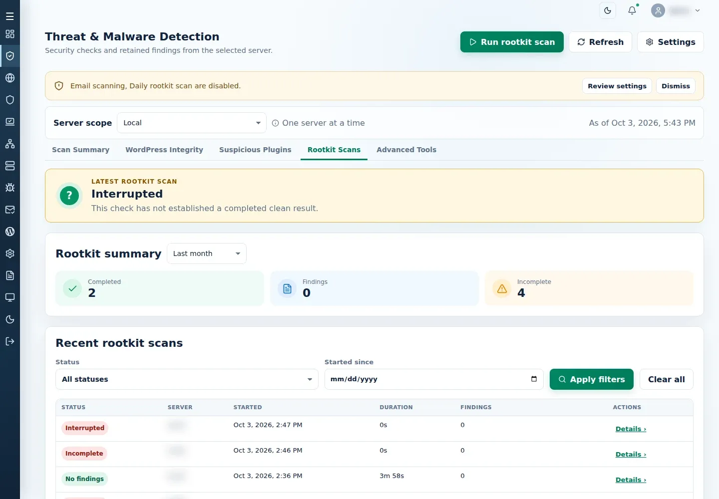 Rootkit Scans showing an Interrupted latest check, period totals, status and date filters, and retained scan history.
