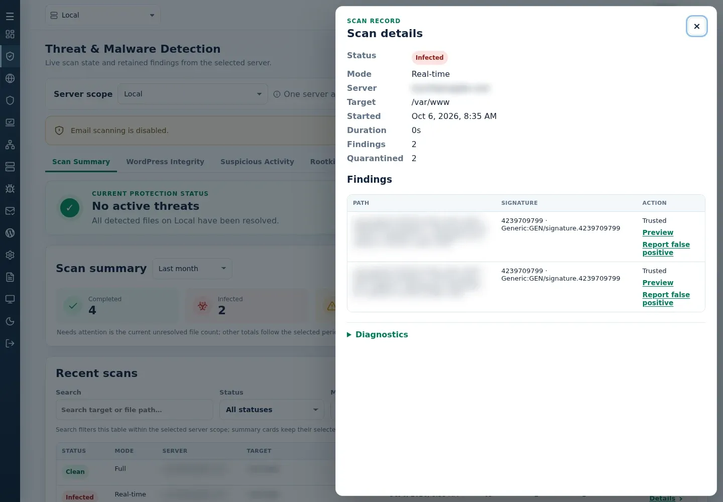 Scan details with two findings, each with Preview and Report false positive.