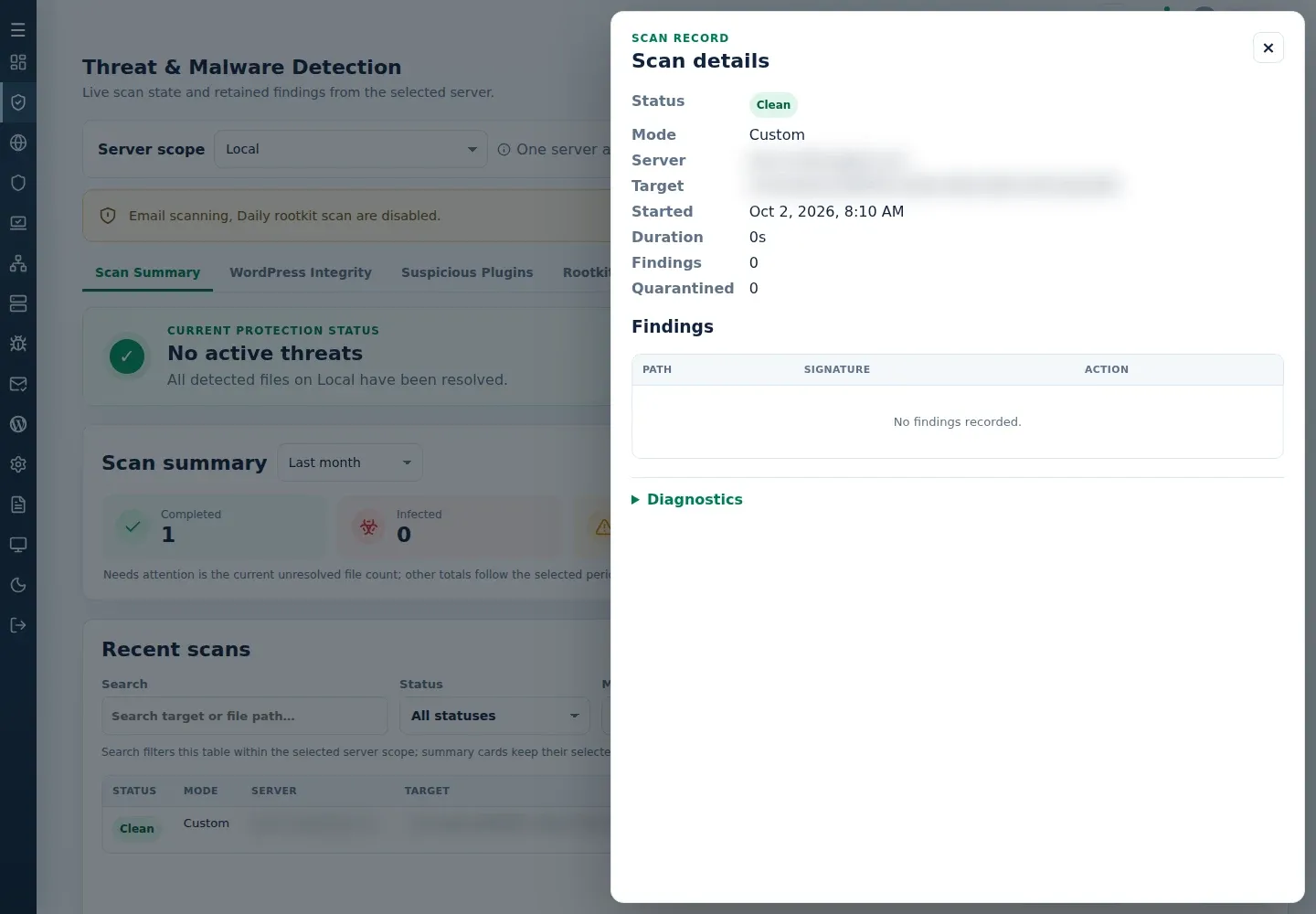 Scan details for an existing clean custom scan, showing metadata, the Findings table, and Diagnostics.