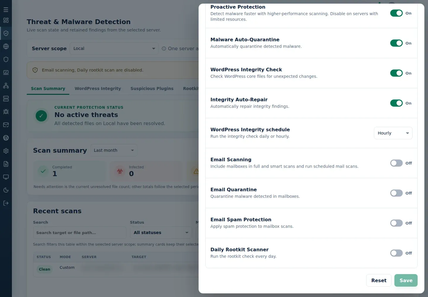 Detection settings with Email Scanning, separate Email Quarantine and Email Spam Protection switches, server scope and Save.