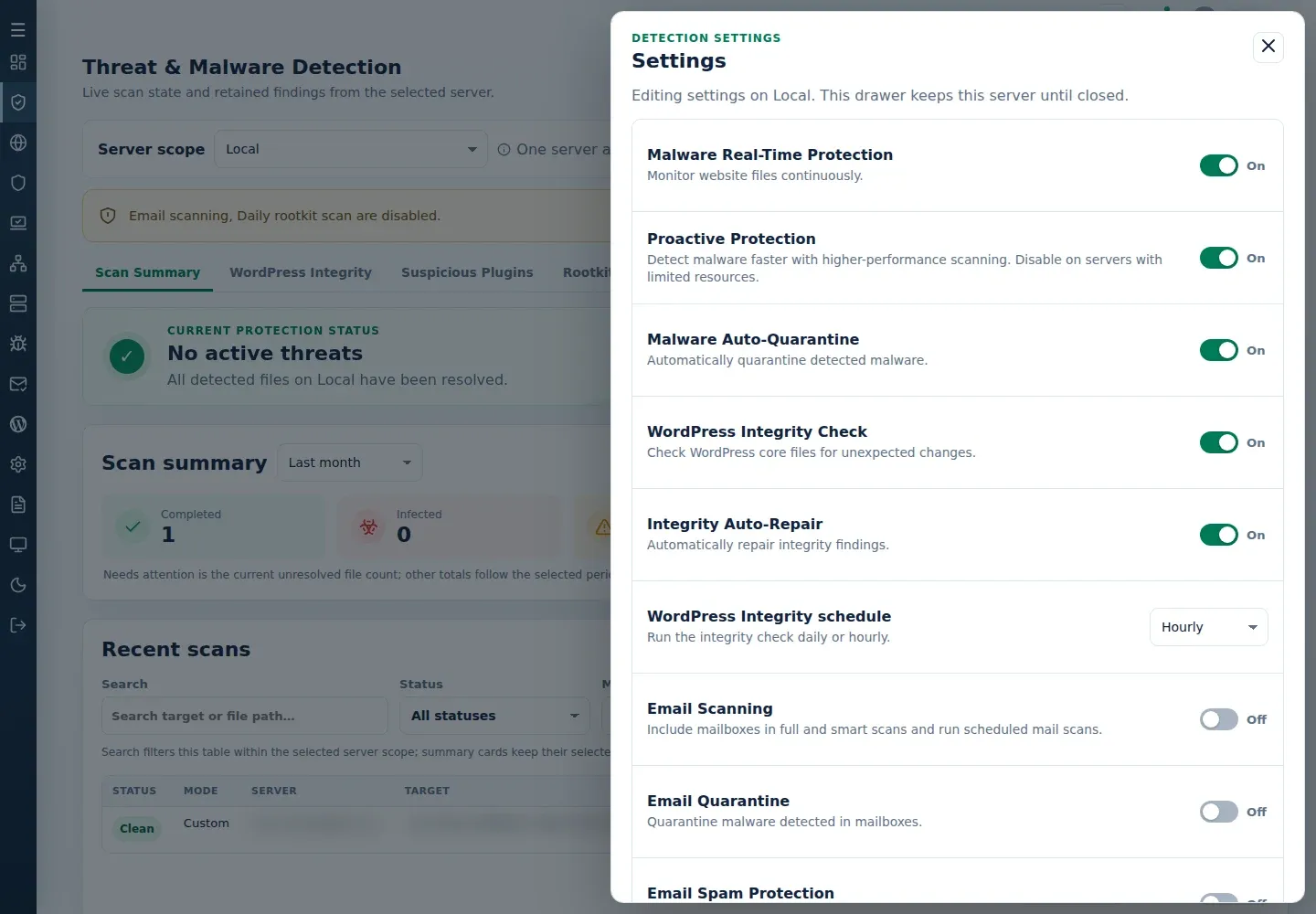 Detection Settings showing WordPress Integrity Check, Integrity Auto-Repair and WordPress Integrity schedule