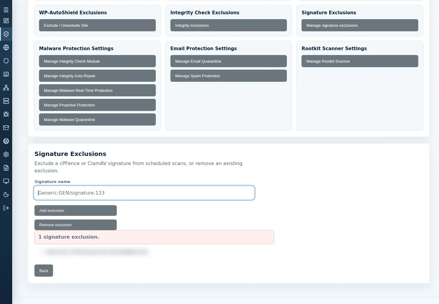 Signature Exclusions form with Signature name, Add exclusion and Remove exclusion controls.