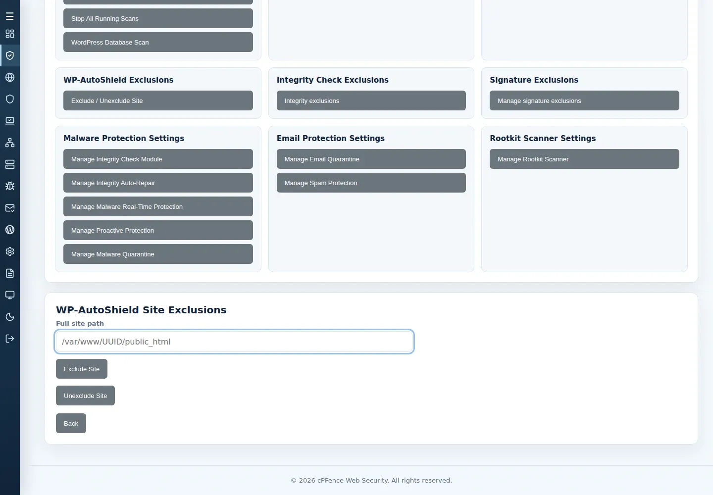 WP-AutoShield Site Exclusions form with Full site path, Exclude Site and Unexclude Site