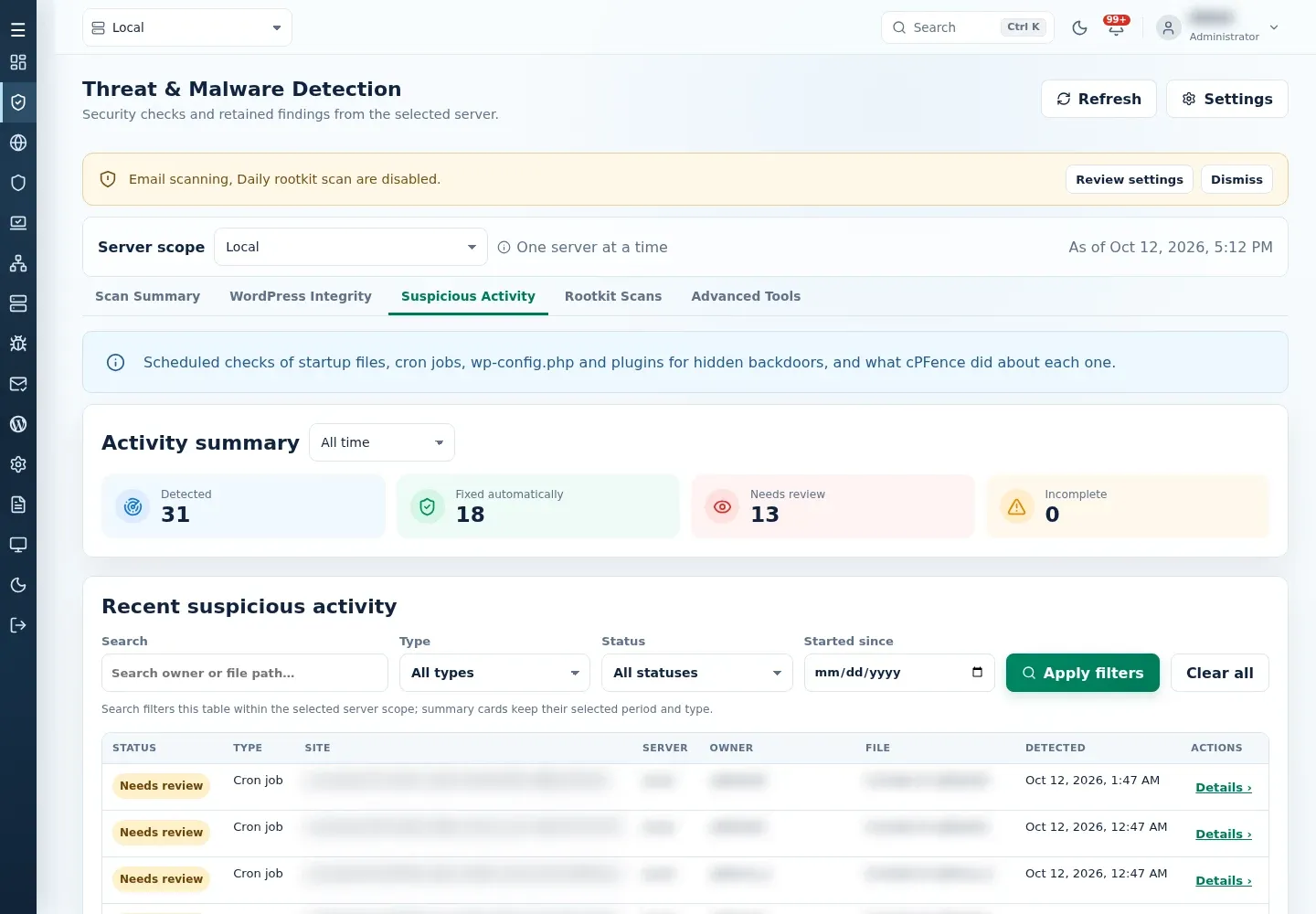 Suspicious Activity with the activity summary cards, Type and Status filters and recent findings.