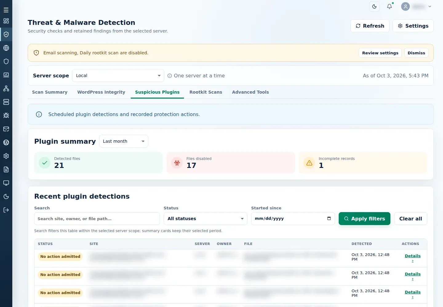 Suspicious Plugins with period summary, server scope, search, status and date filters, and retained detection rows.