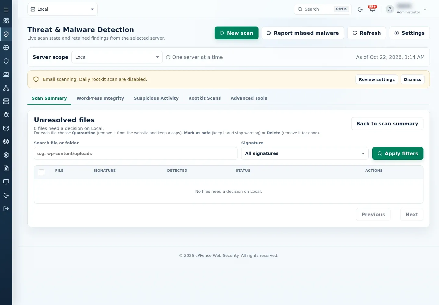 Unresolved files list with Search file or folder, Signature filter, Apply filters, a select-all checkbox, File, Signature, Detected, Status and Actions columns, and Previous and Next.