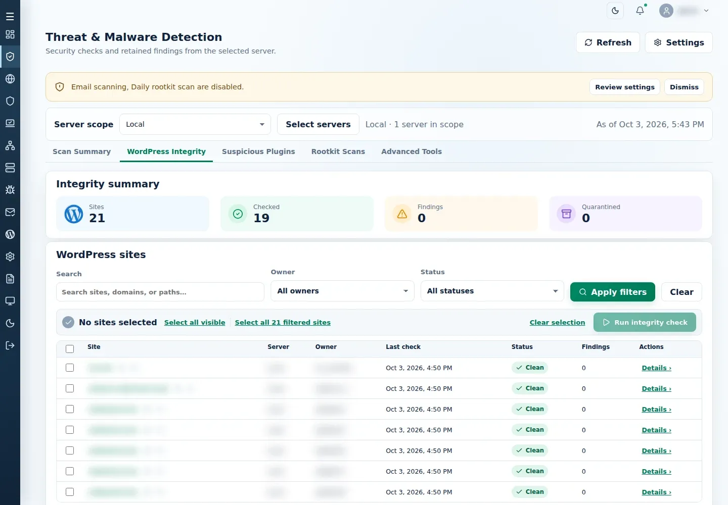 WordPress Integrity with server scope, site filters, selection controls and recent checks.