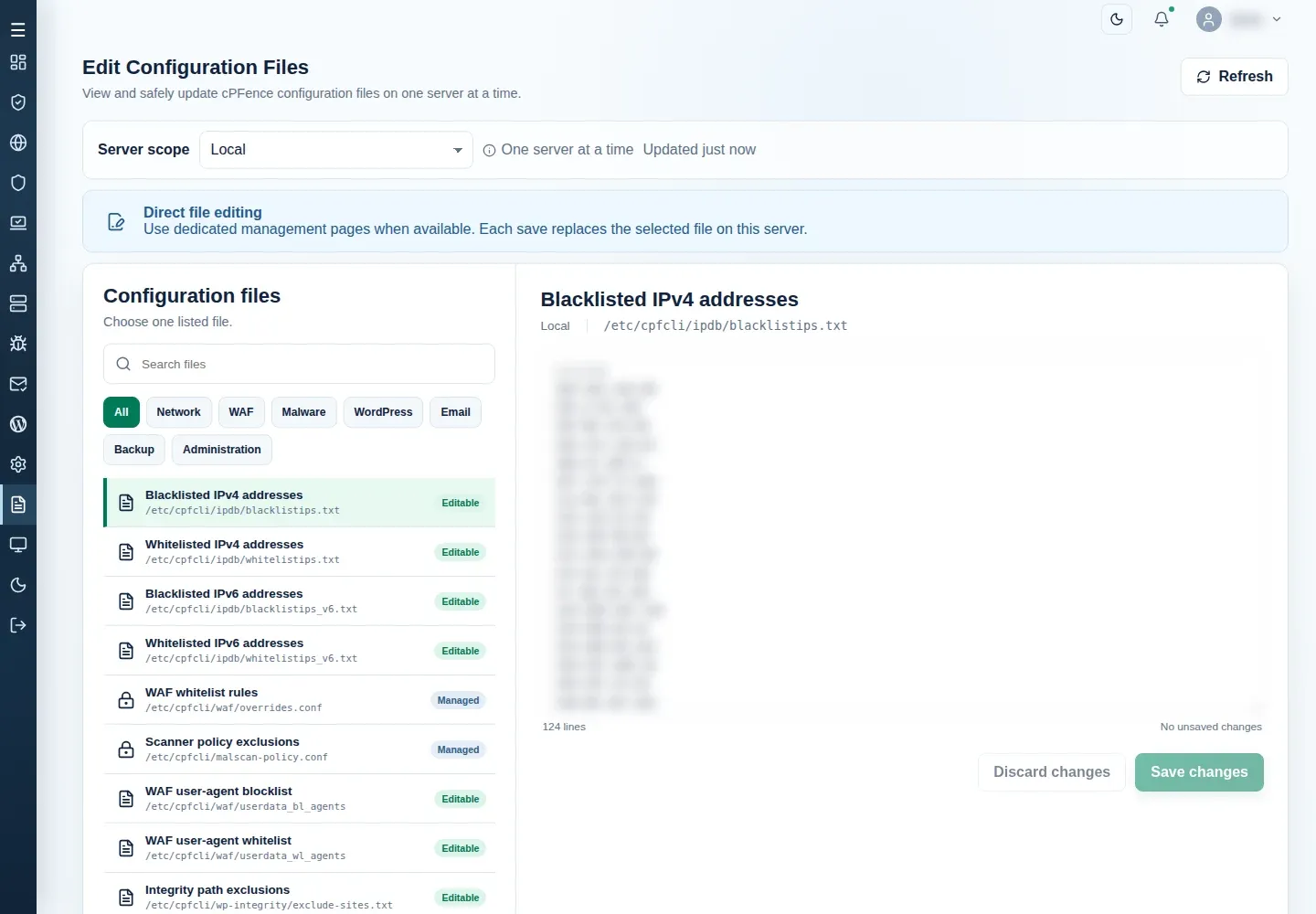 Edit Configuration Files showing searchable categories, the supported file catalog, and selected file editor.