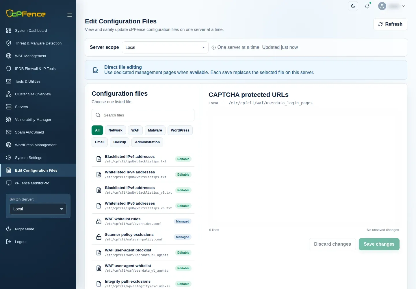 CAPTCHA protected URLs selected in Edit Configuration Files, with its path and Save changes.