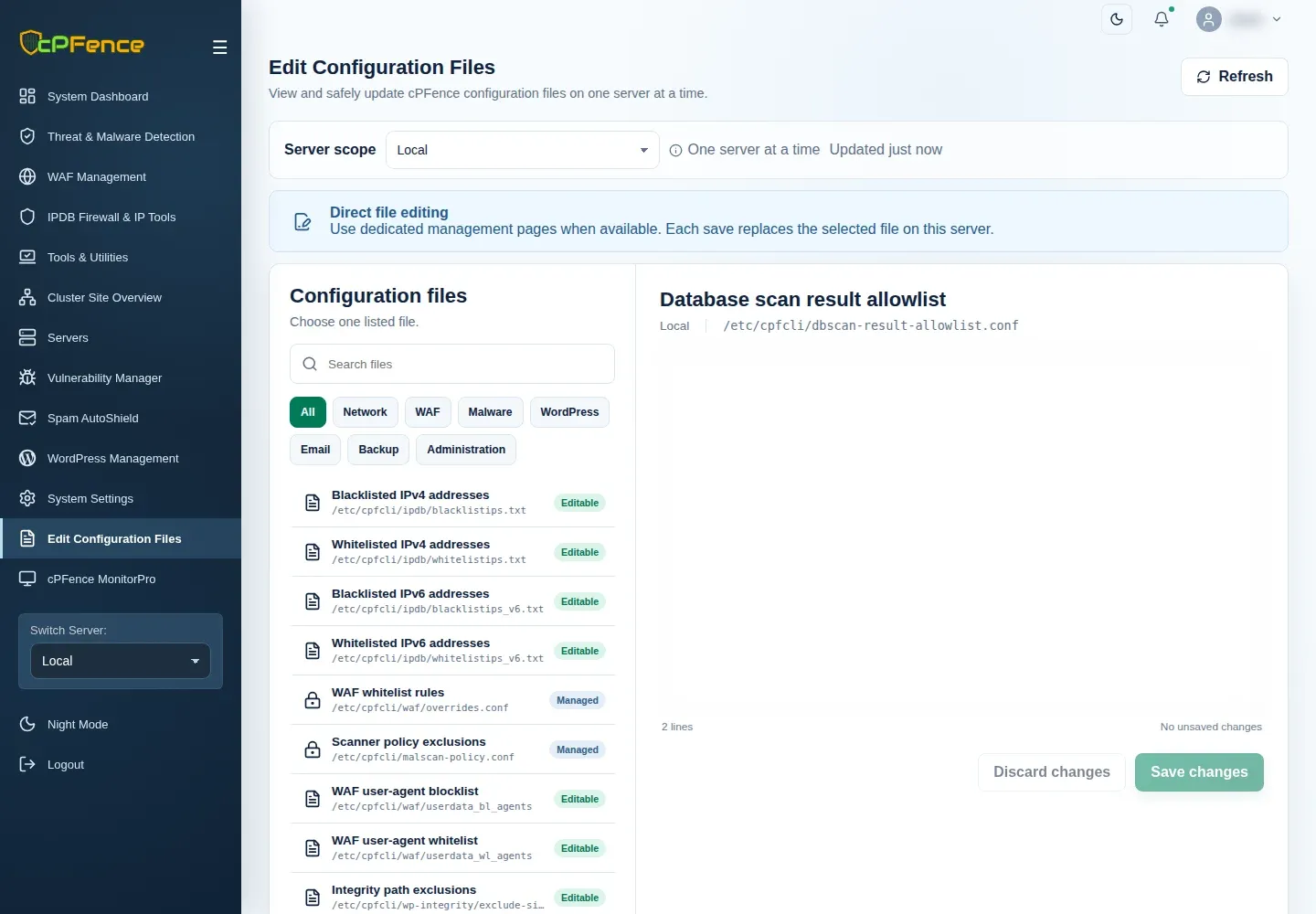 Edit Configuration Files with Database scan result allowlist selected and file contents concealed