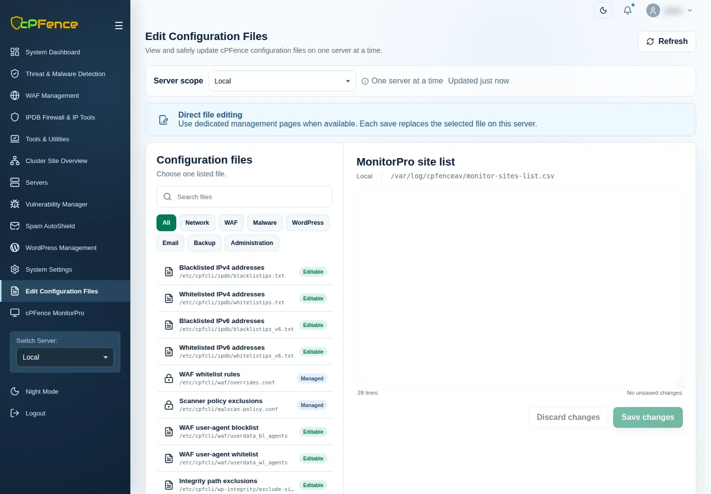 Edit Configuration Files with MonitorPro site list selected on Local and file contents concealed.