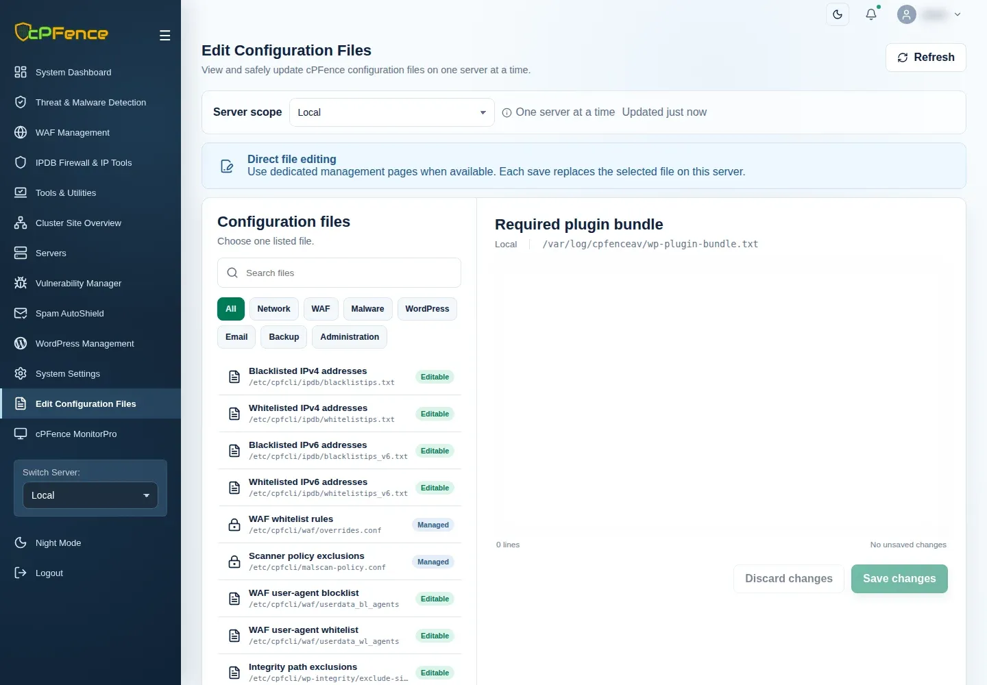 Edit Configuration Files with Required plugin bundle selected and file contents concealed