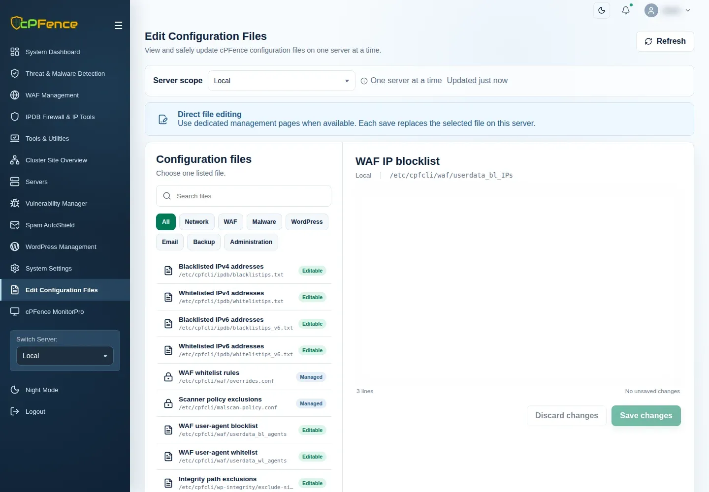 WAF IP blocklist selected in Edit Configuration Files, with its path and Save changes.