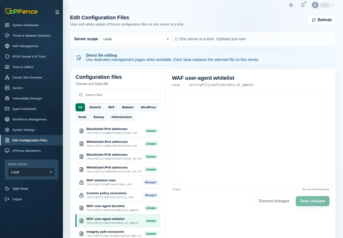 Edit Configuration Files with WAF user-agent whitelist selected, its path and Save changes.