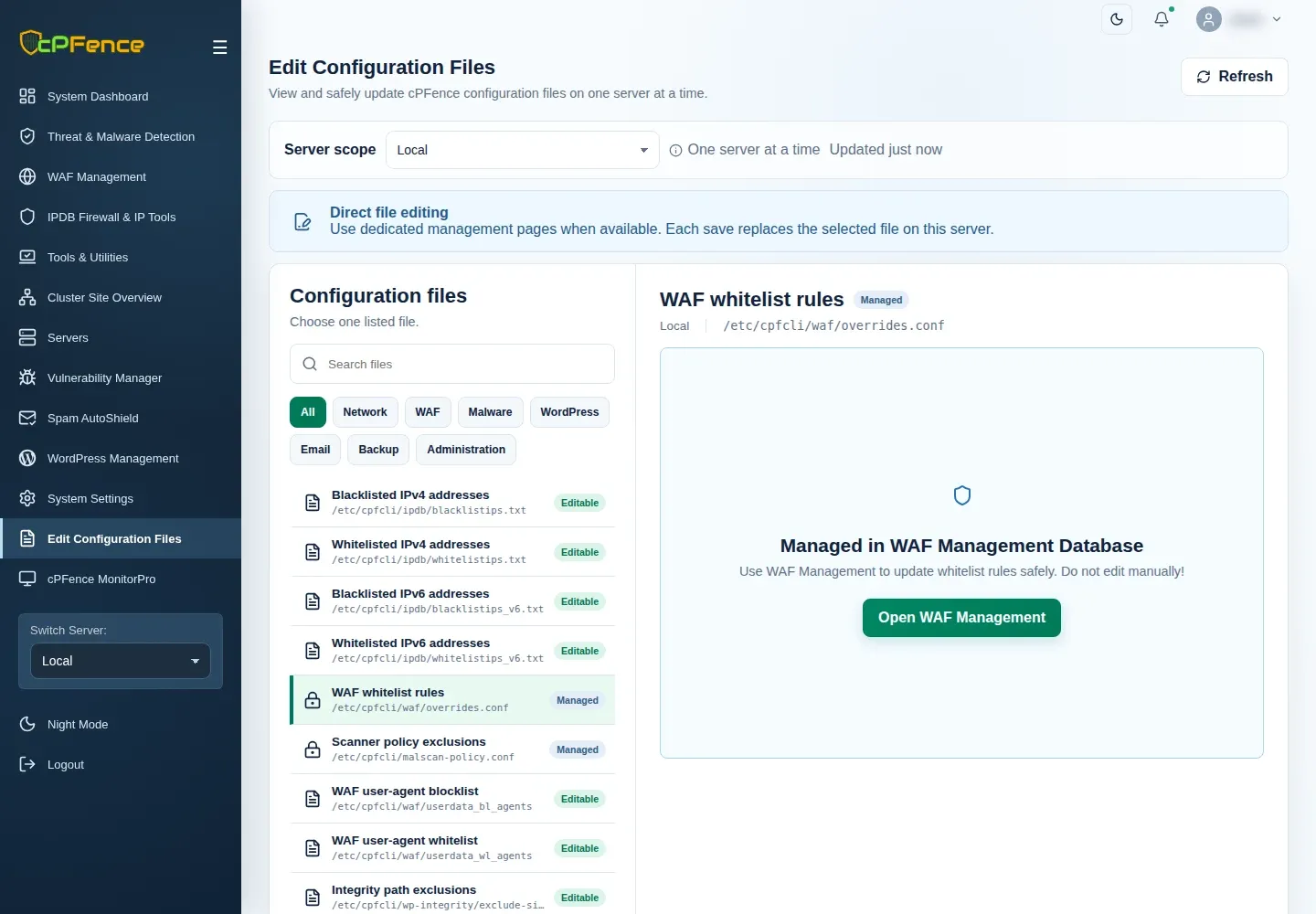 WAF whitelist rules selected with a Managed badge and Open WAF Management link instead of a writable editor.