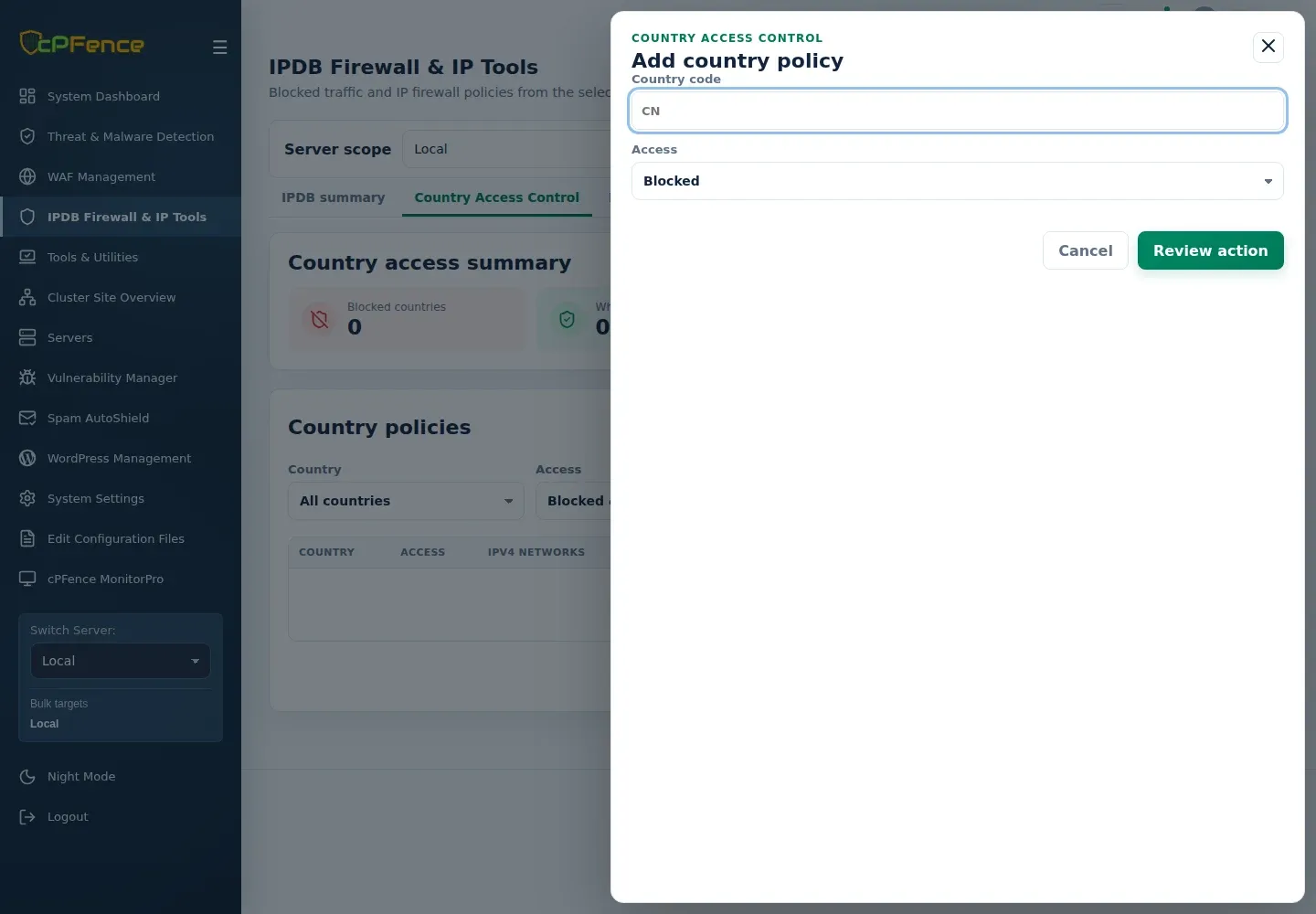 Add country policy with Country code, Access, Review action and selected-server context.