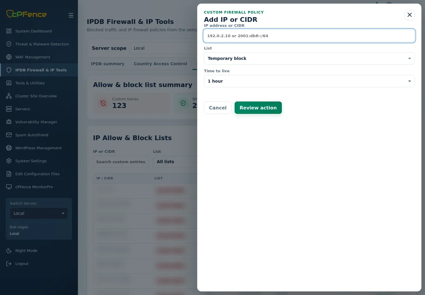Add IP or CIDR with an IPv6-capable address field, List, Time to live and Review action for the selected server.