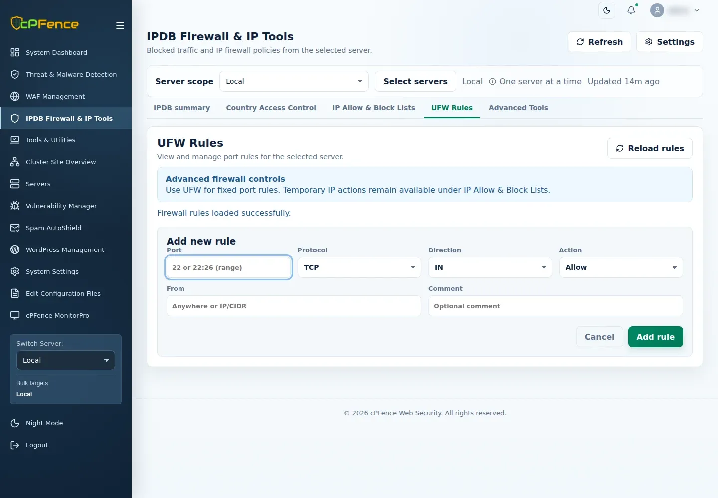 UFW Add new rule with Port, Protocol, Direction, Action, From, Comment and Add rule controls for the selected server.