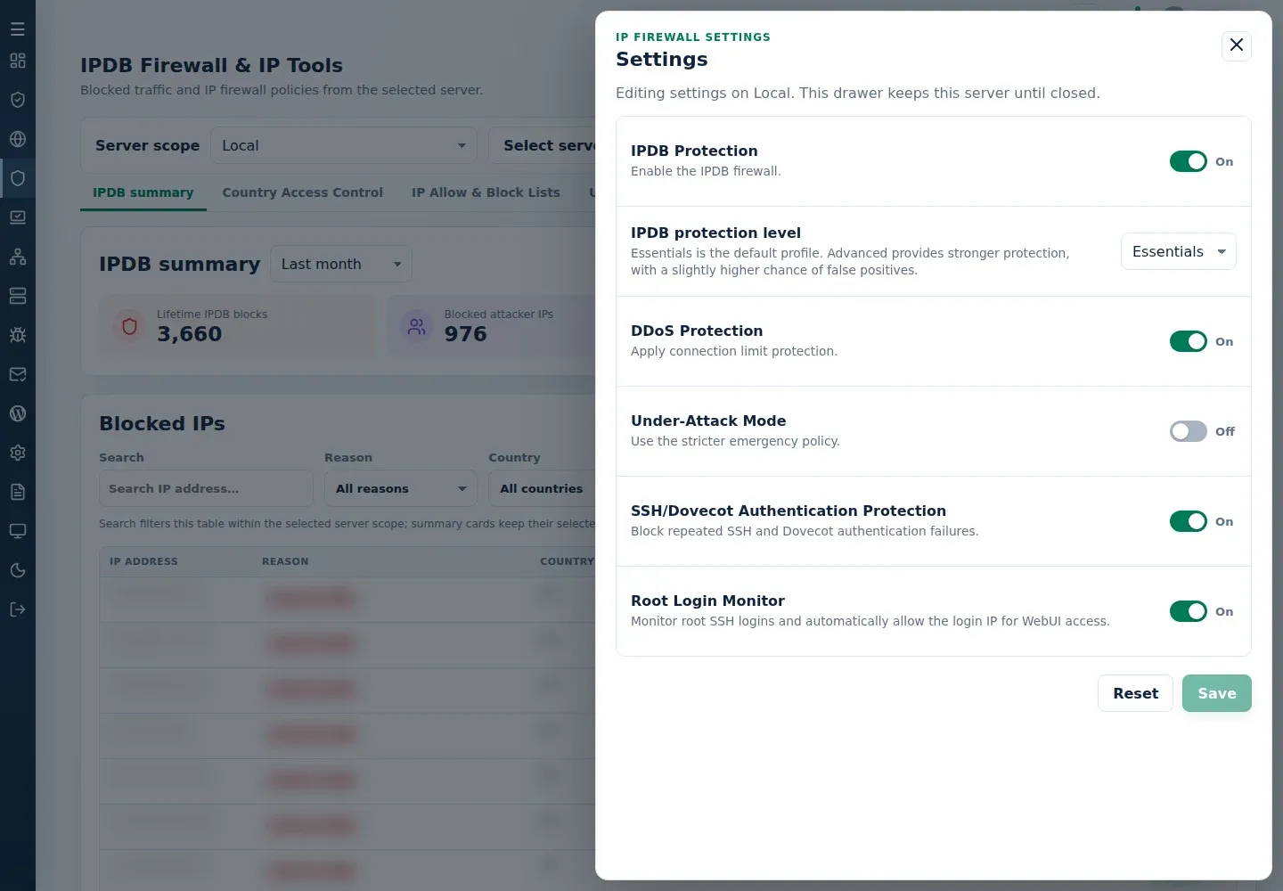 IPDB Settings showing IPDB Protection and DDoS Protection beside the selected server’s summary.