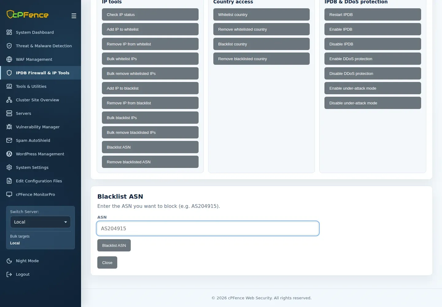 Blacklist ASN form with ASN input, Blacklist ASN button and sidebar bulk targets.