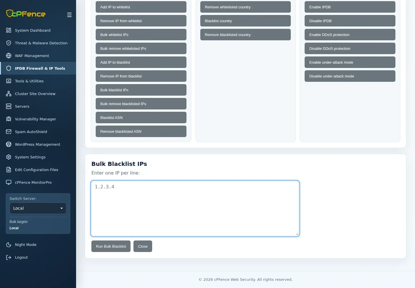 Bulk Blacklist IPs with paste field, Run Bulk Blacklist and the intended sidebar target servers.