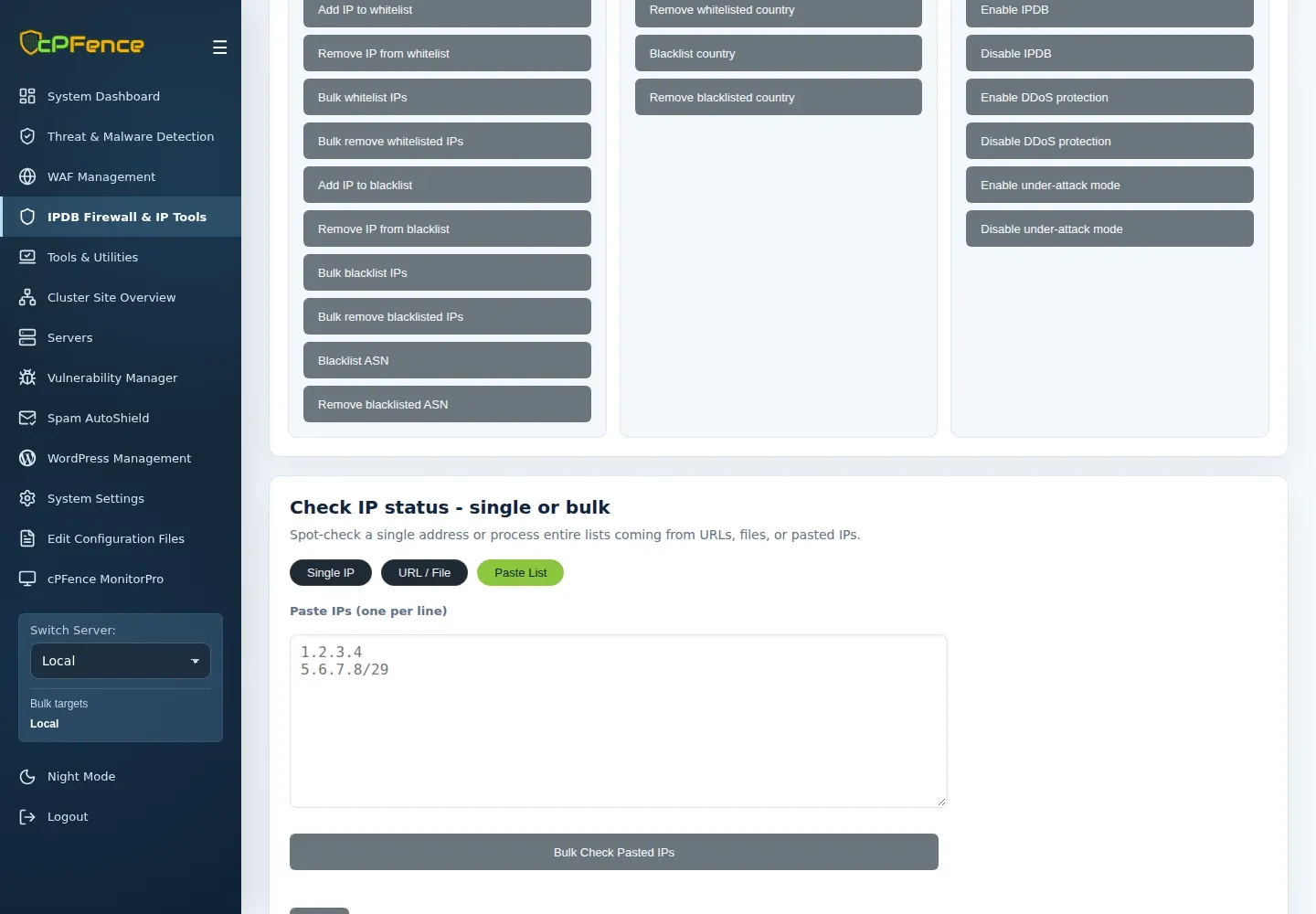 Check IP status with Paste List selected, multiline IP input, Bulk Check Pasted IPs and sidebar targets.