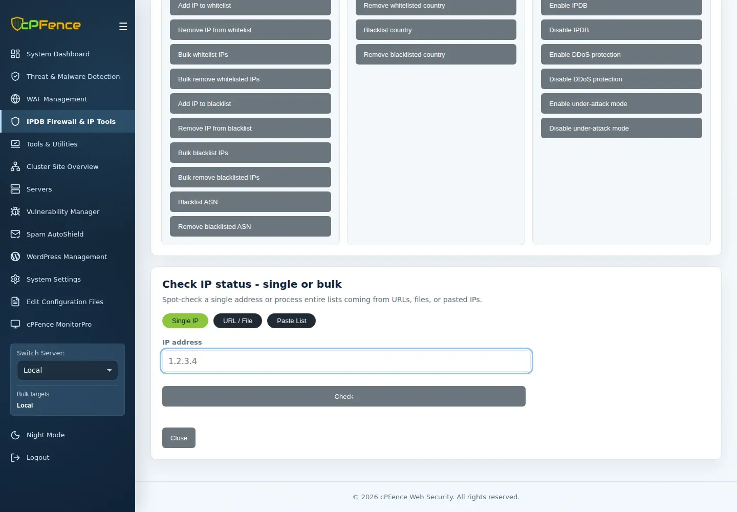 Check IP status with Single IP selected, IP address input, Check button and sidebar target servers.