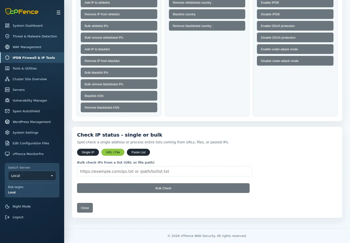 Check IP status with URL / File selected, list URL or file-path input, Bulk Check and sidebar targets.