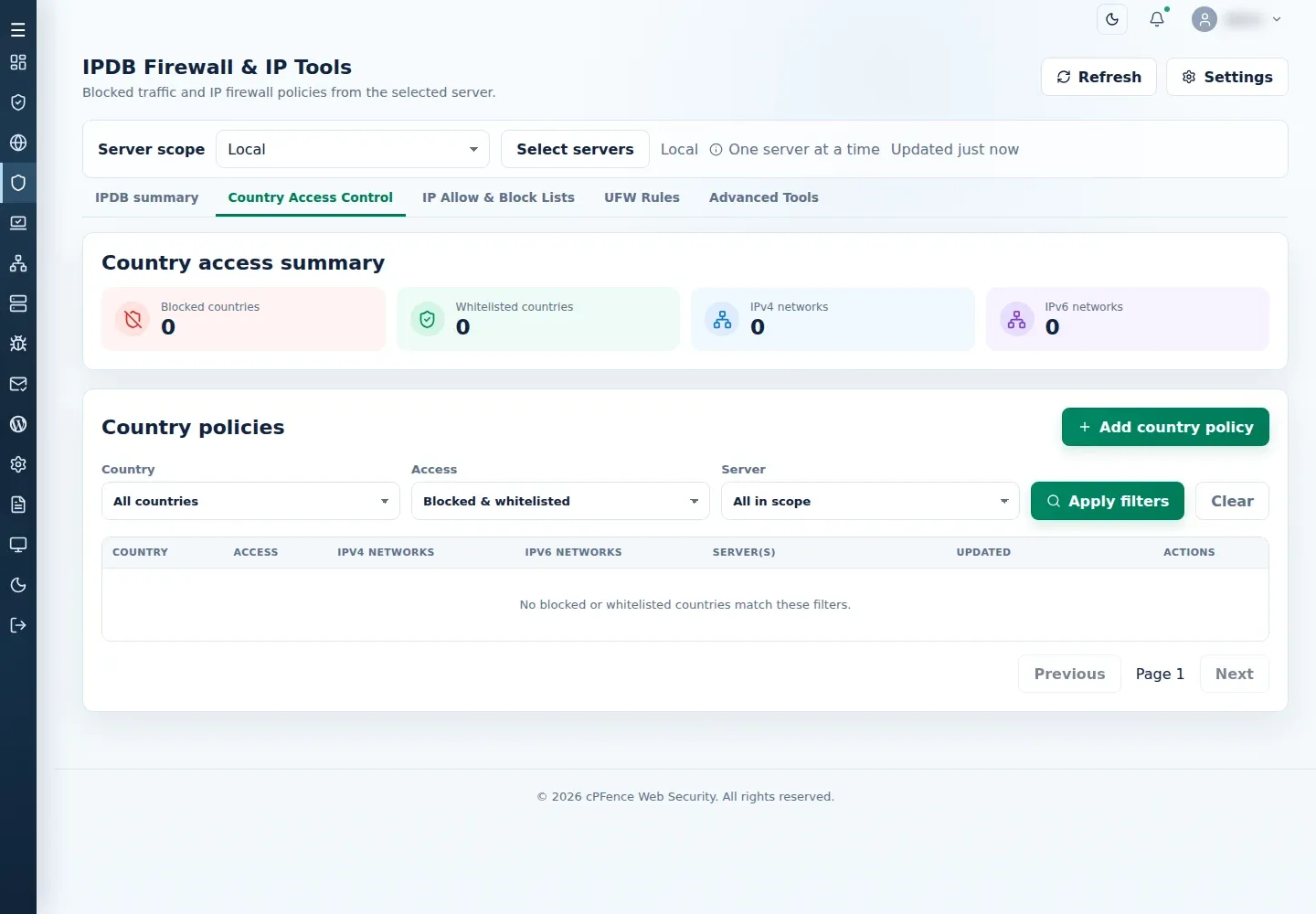 IPDB Country Access Control tab with Server scope, Add country policy, filters, and policy table.