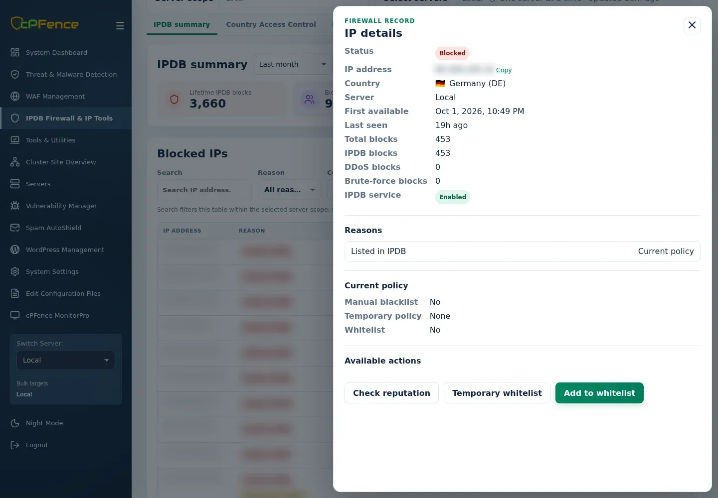 IP details with retained block counts, Reasons, Current policy and available actions for the selected server.