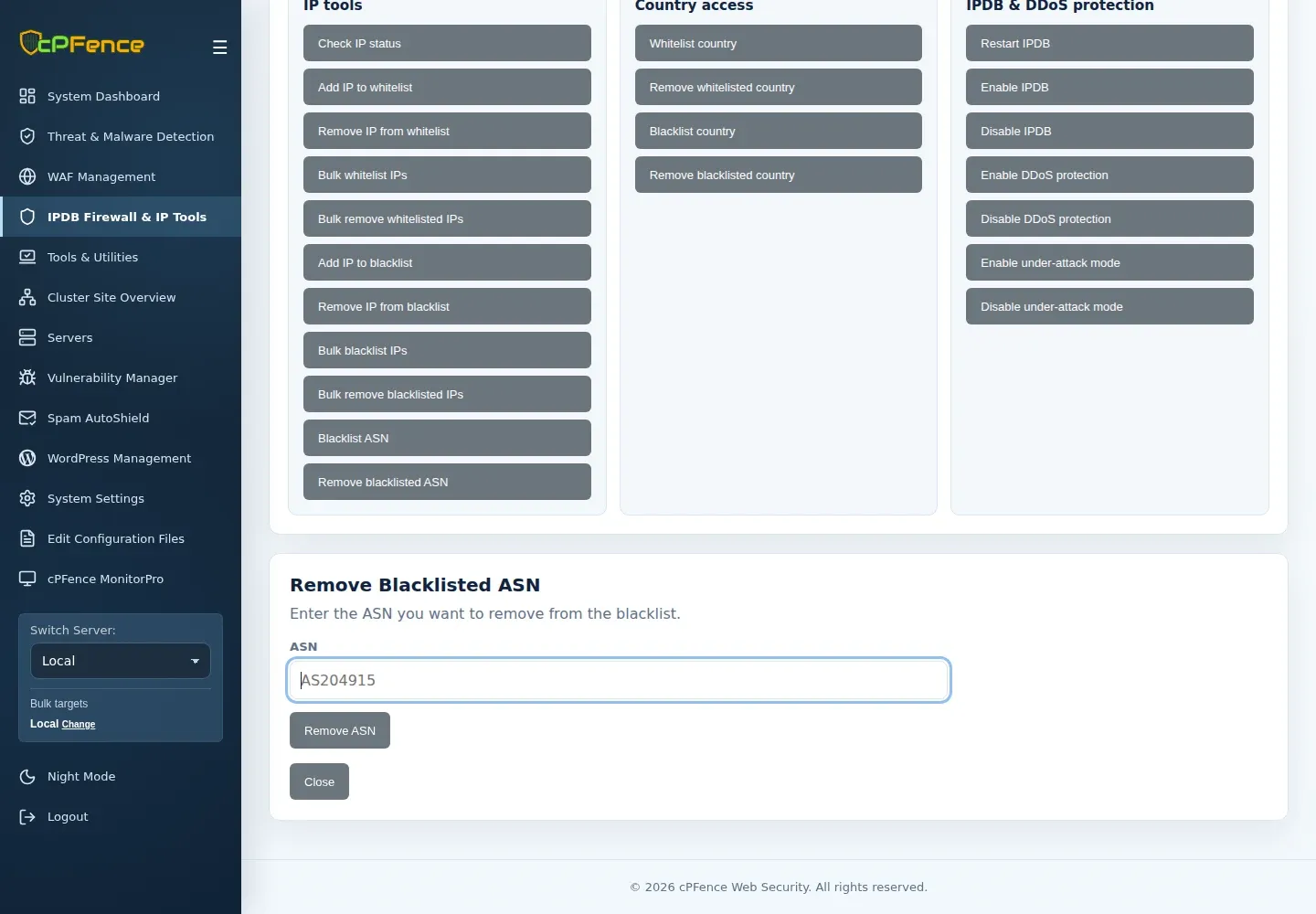 Remove Blacklisted ASN form with ASN field, Remove ASN button and Local bulk targets.