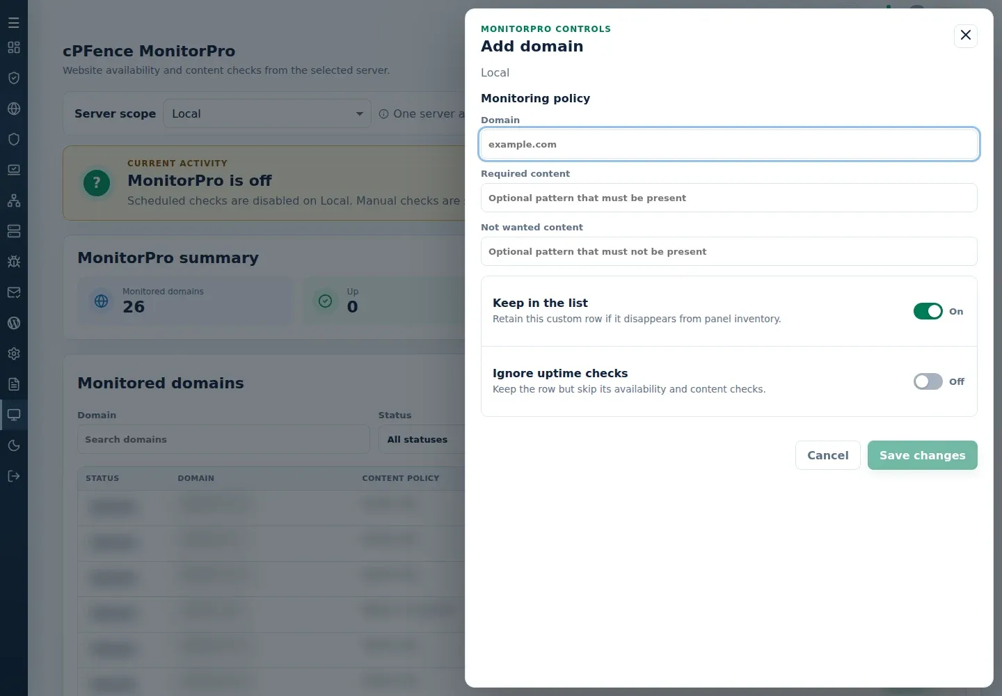 MonitorPro Add domain form showing the domain, content patterns, Keep in the list, and Ignore uptime checks choices.