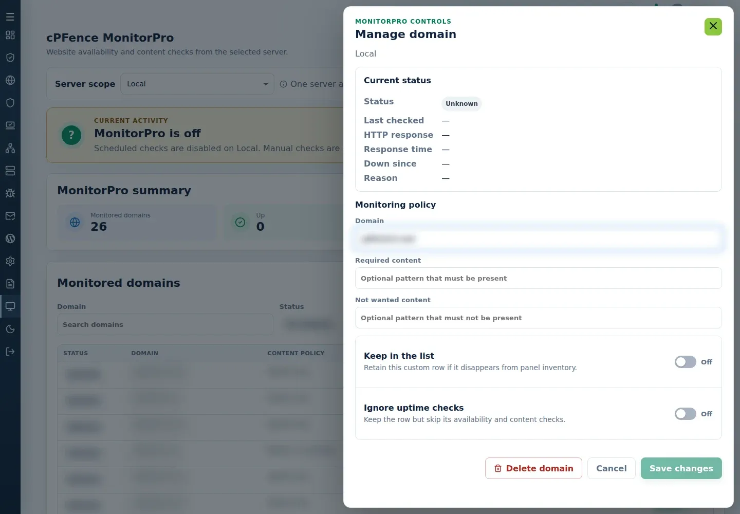 Existing MonitorPro Manage domain drawer with Unknown status, no Last checked observation, content fields, Keep in the list and Ignore uptime checks.
