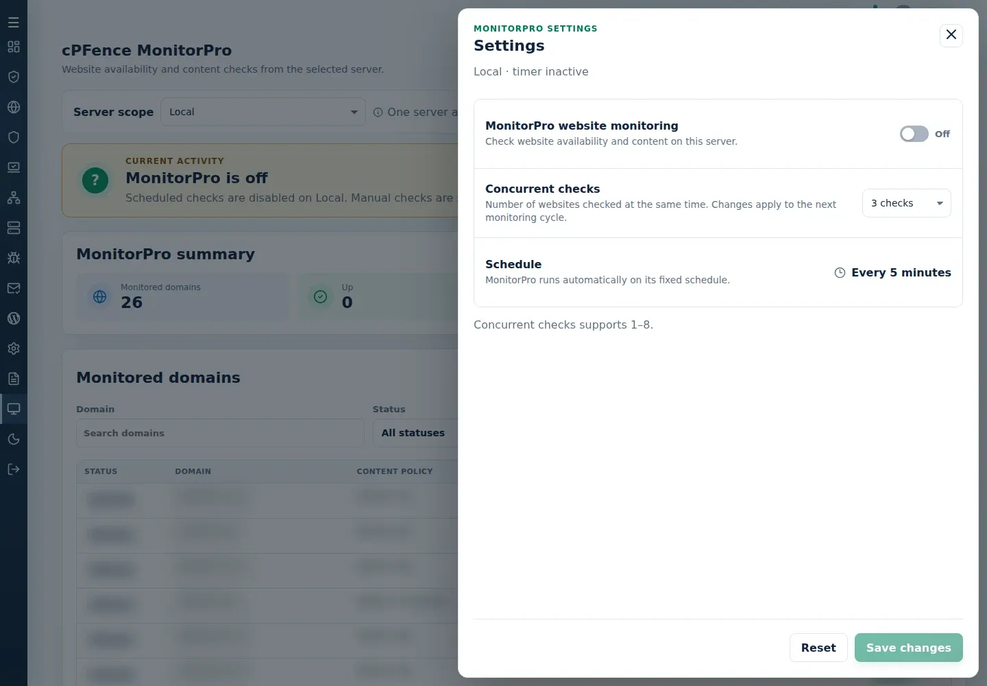 MonitorPro Settings with website monitoring Off, Concurrent checks set to 3 and Every 5 minutes schedule on Local.