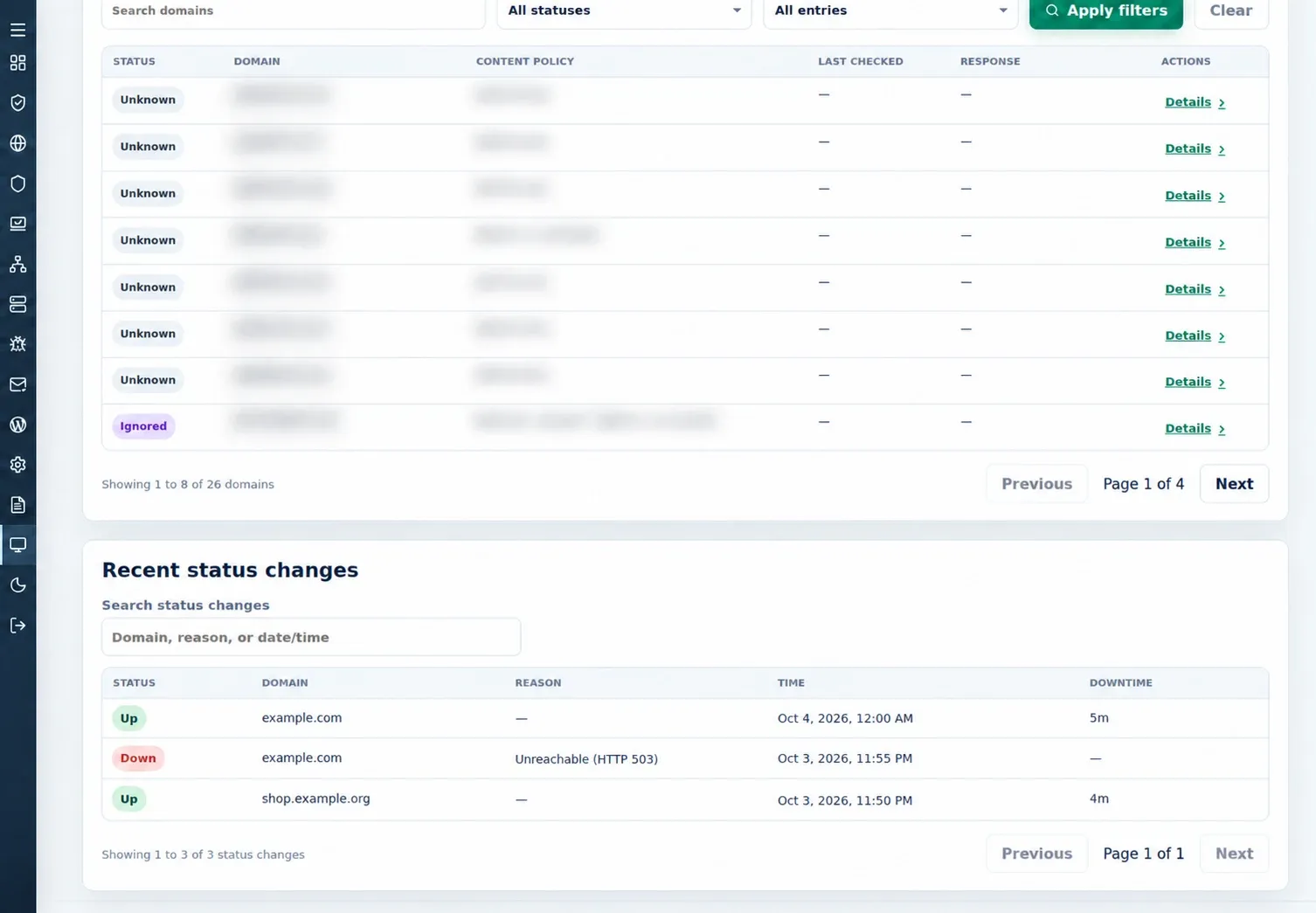 Recent status changes with Search status changes, Status, Domain, Reason, Time and Downtime columns and Previous and Next pagination.