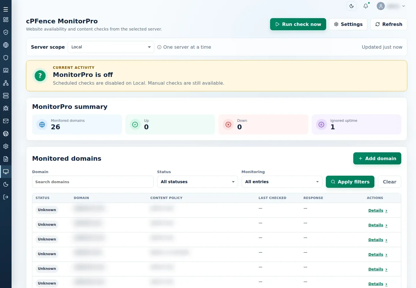 MonitorPro with current activity, domain filters and Run check now, Settings and Add domain controls