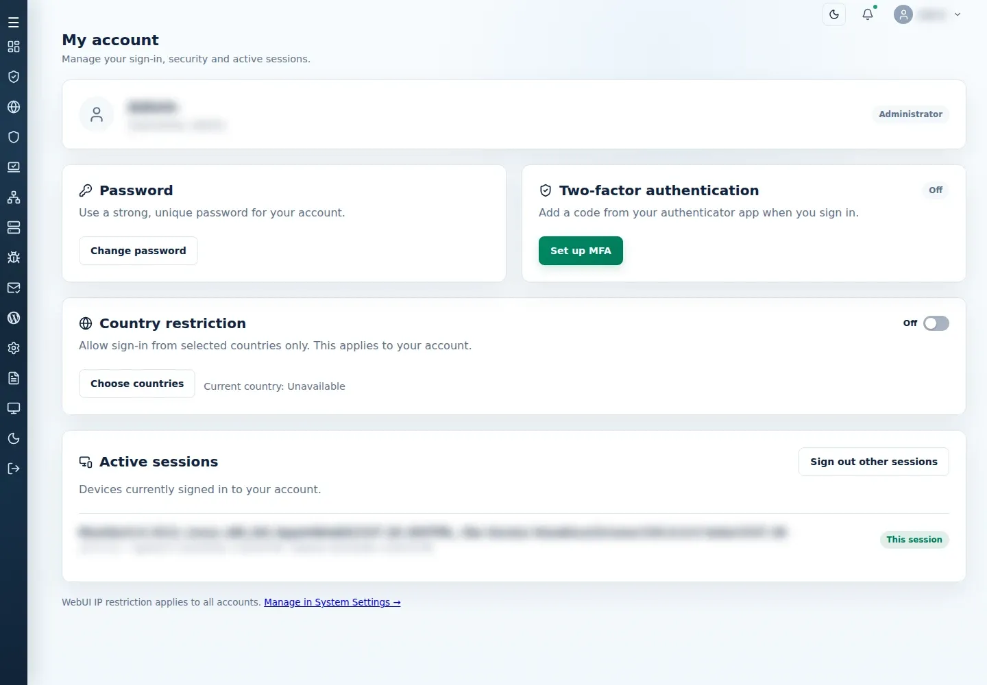 My account with password, MFA, country restriction, and active-session controls.