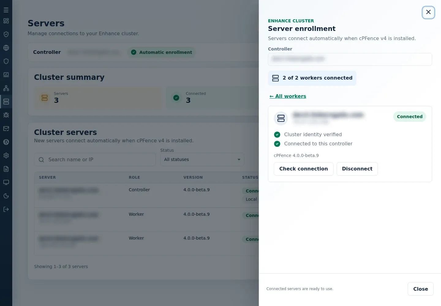 Servers showing a connected secondary server with verified cluster identity.