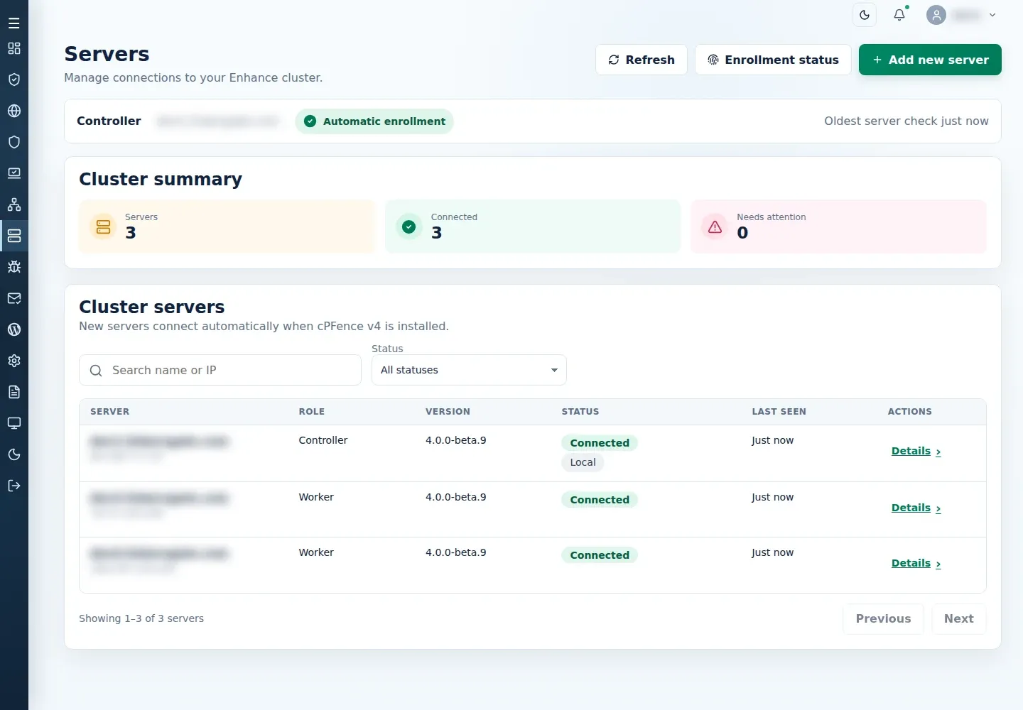 Servers page with cluster summary, search, status filter, and connected server rows.