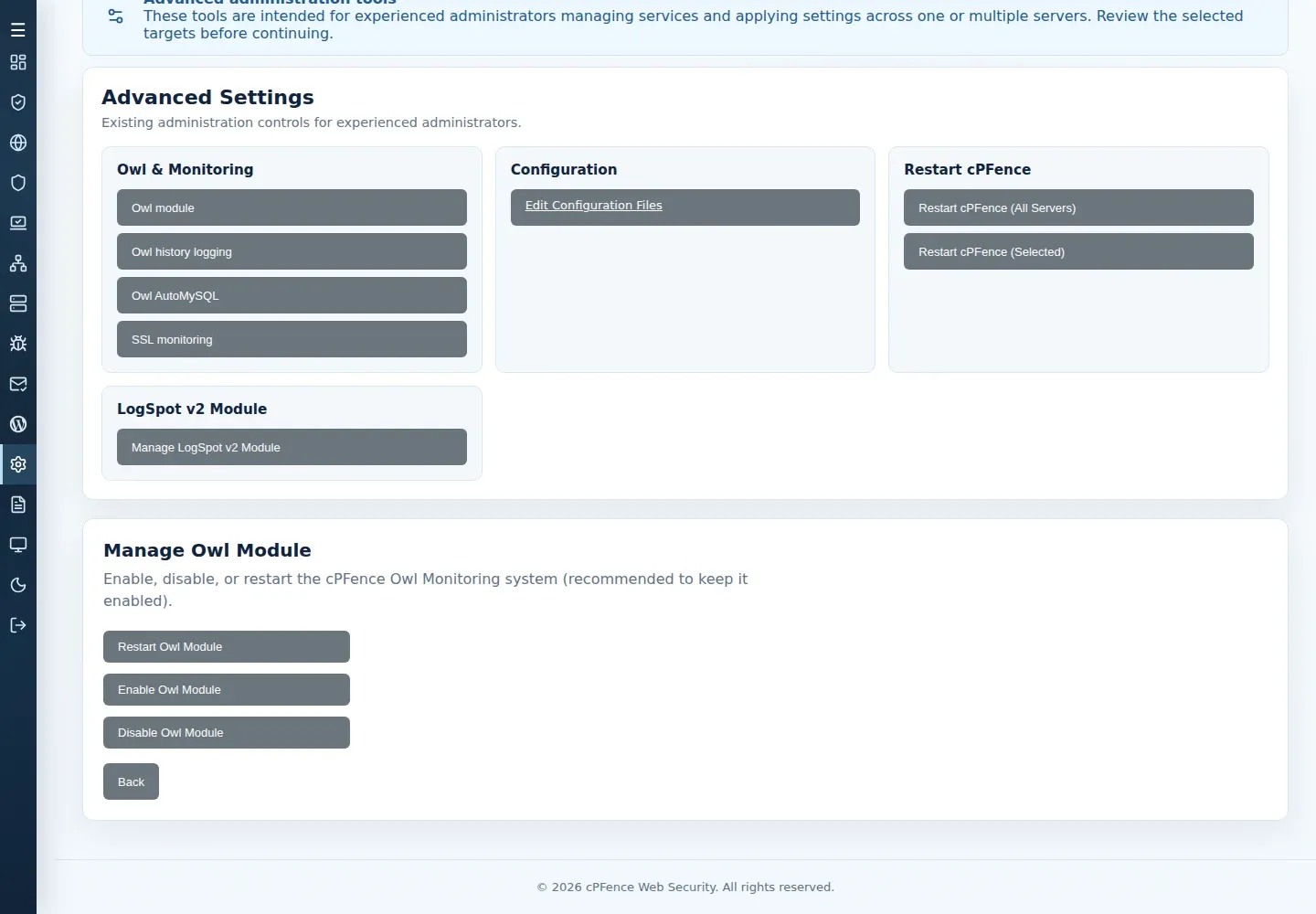Manage Owl Module submenu with Restart Owl Module, Enable Owl Module, Disable Owl Module and Back.