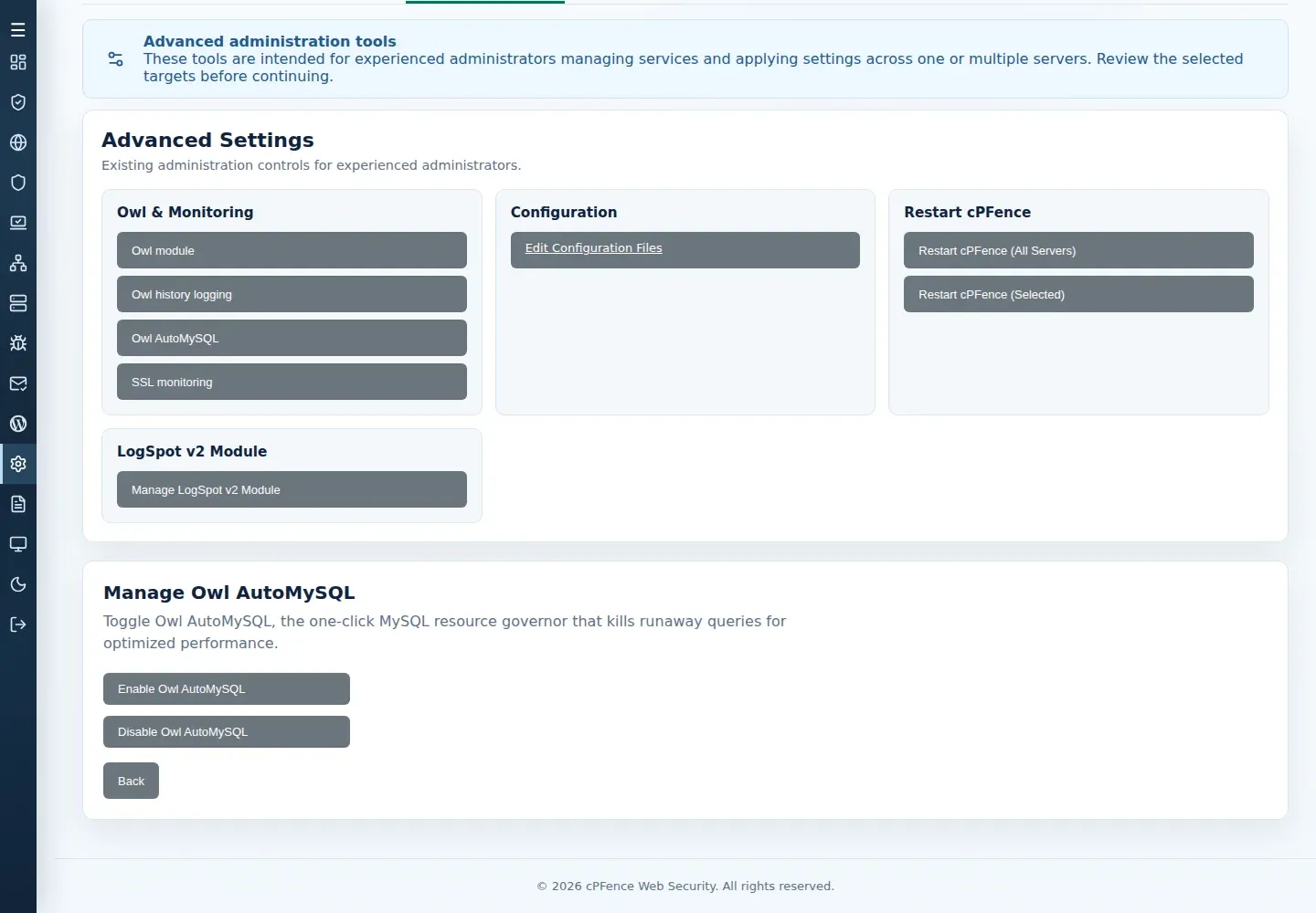Owl AutoMySQL submenu with Enable Owl AutoMySQL, Disable Owl AutoMySQL and Back controls.