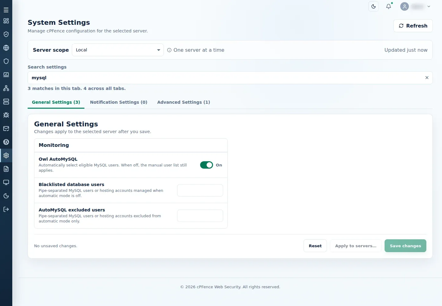 Monitoring settings with Owl AutoMySQL, Blacklisted database users and AutoMySQL excluded users on Local server scope.