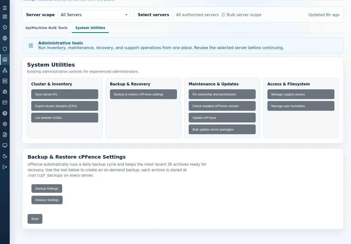 System Utilities with the Backup Settings and Restore Settings controls open.