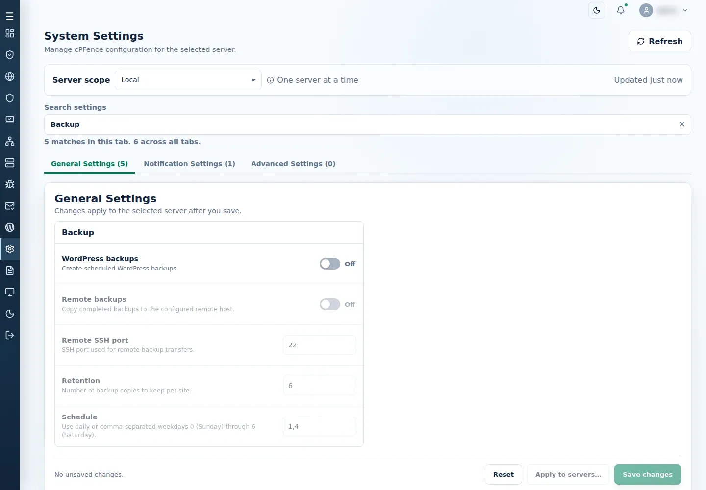 General Settings Backup controls showing the WordPress backups scheduling switch