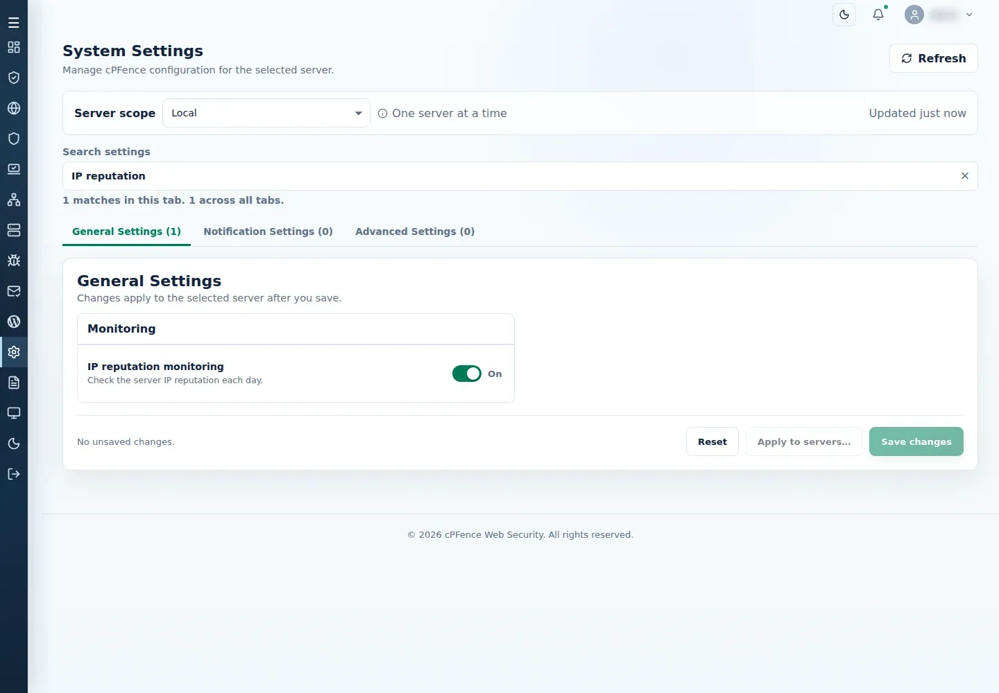 General Settings showing the IP reputation monitoring switch for the selected server, with Save changes.