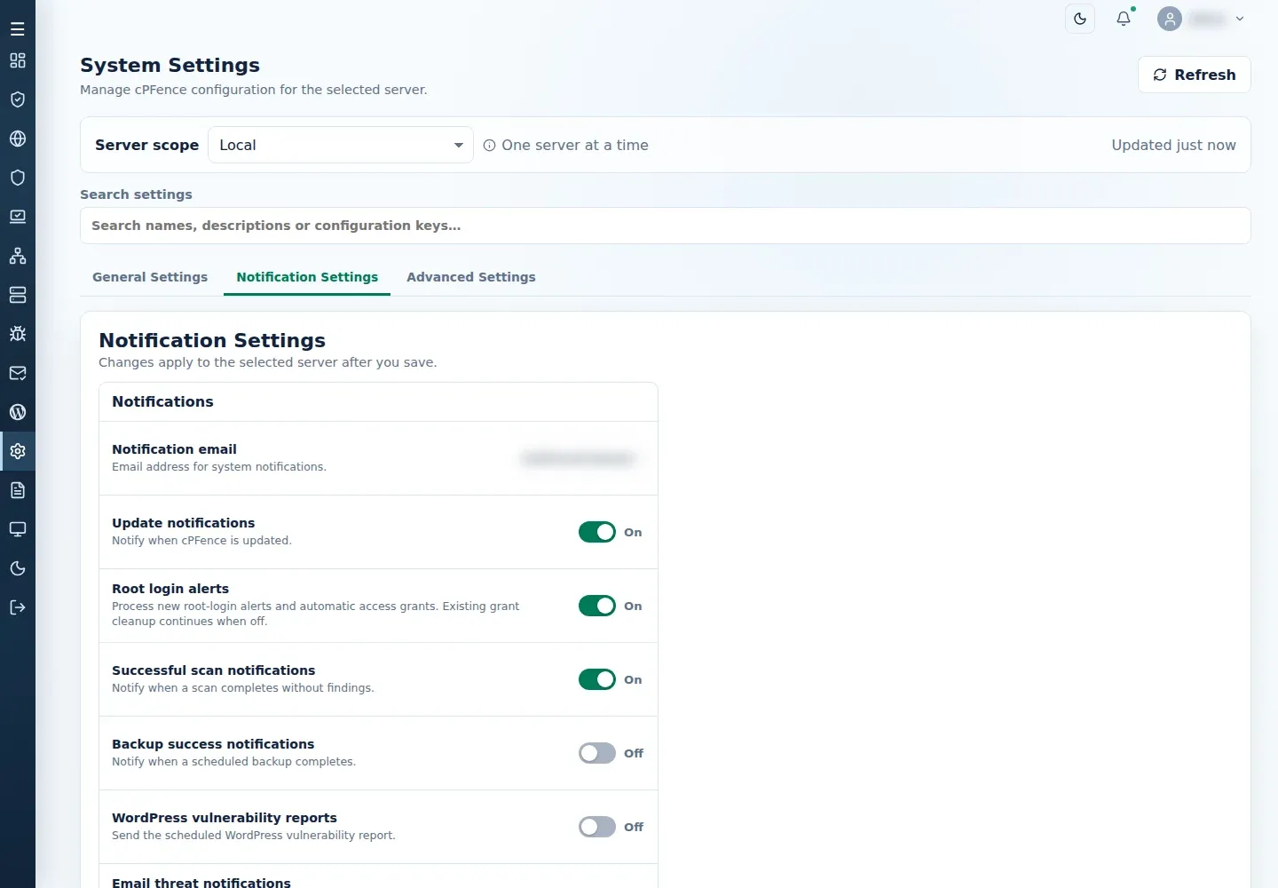 Notification Settings showing notification email and event switches.